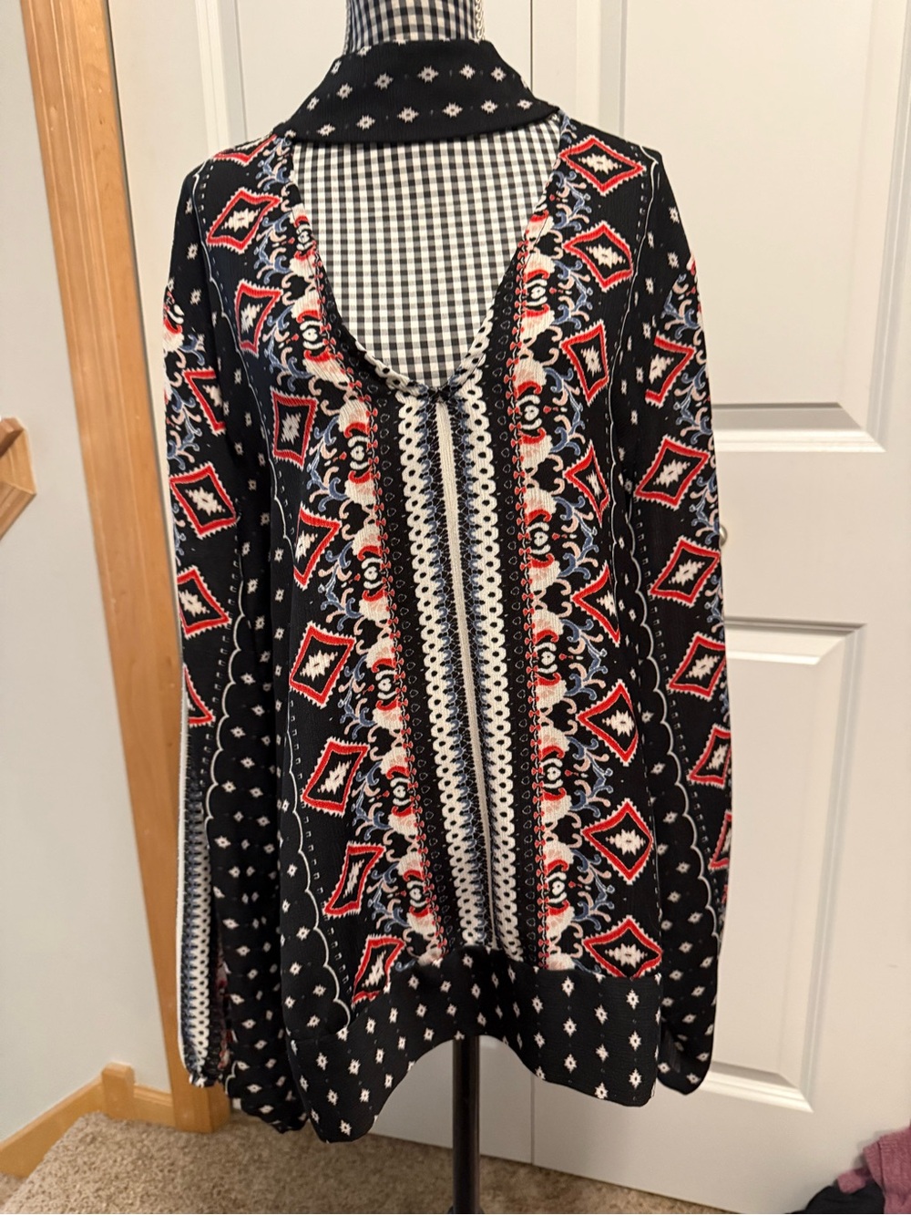 VENUS Black Boho V-Neck Tunic with Red & Blue Accents